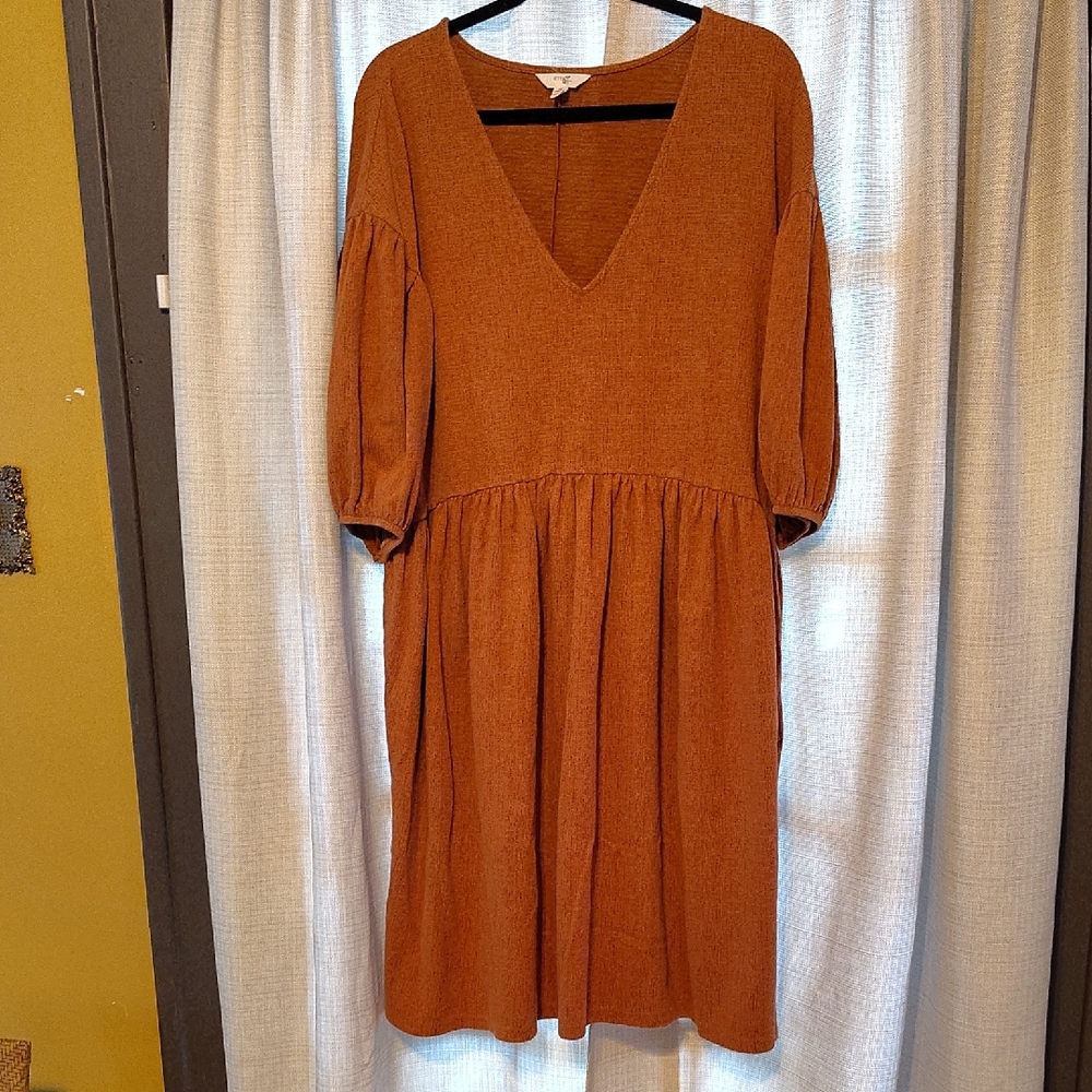 Terra & Sky Warm Brown Midi Dress with Puff Sleeves